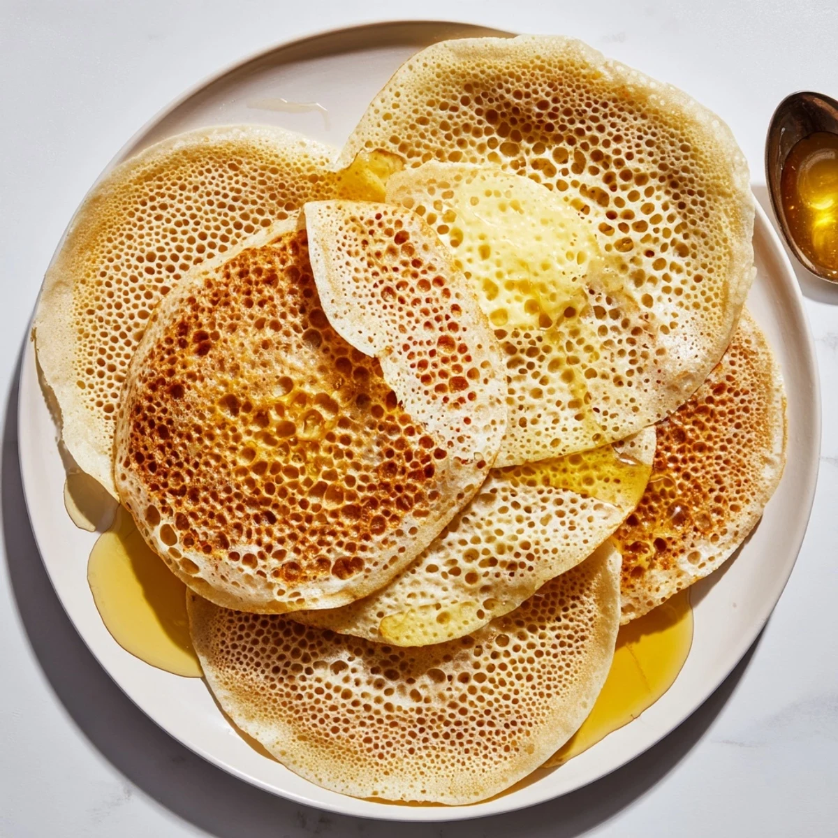 Light semolina baghrir Moroccan pancakes with porous texture served warm with honey for breakfast