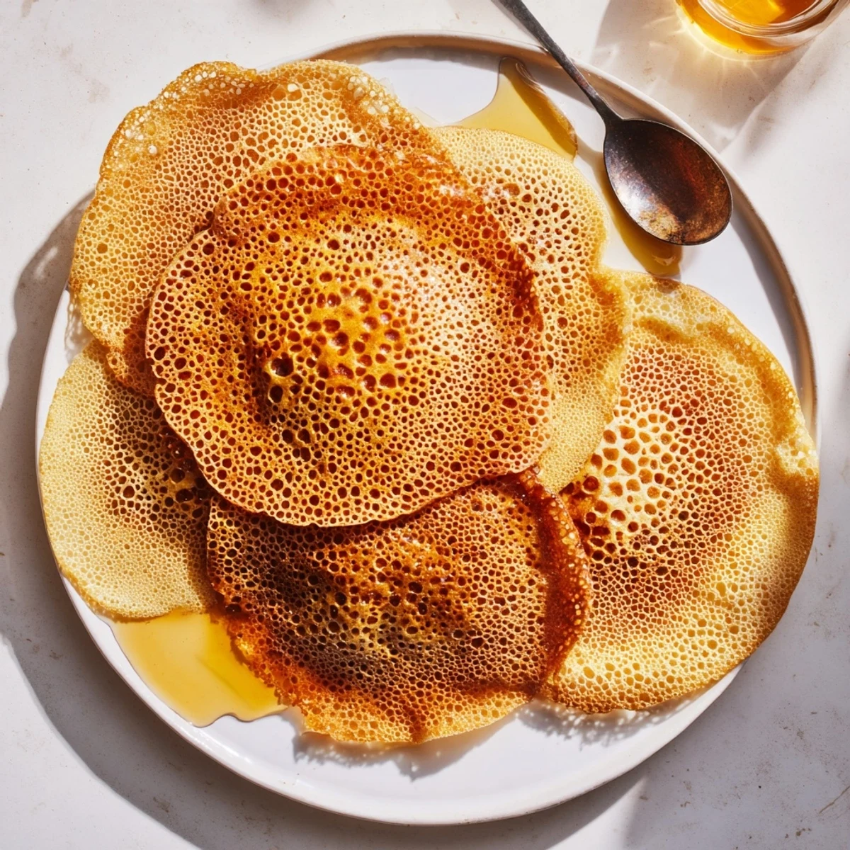 Stack of fluffy spongy baghrir pancakes cooked until dotted with air pockets and topped with butter