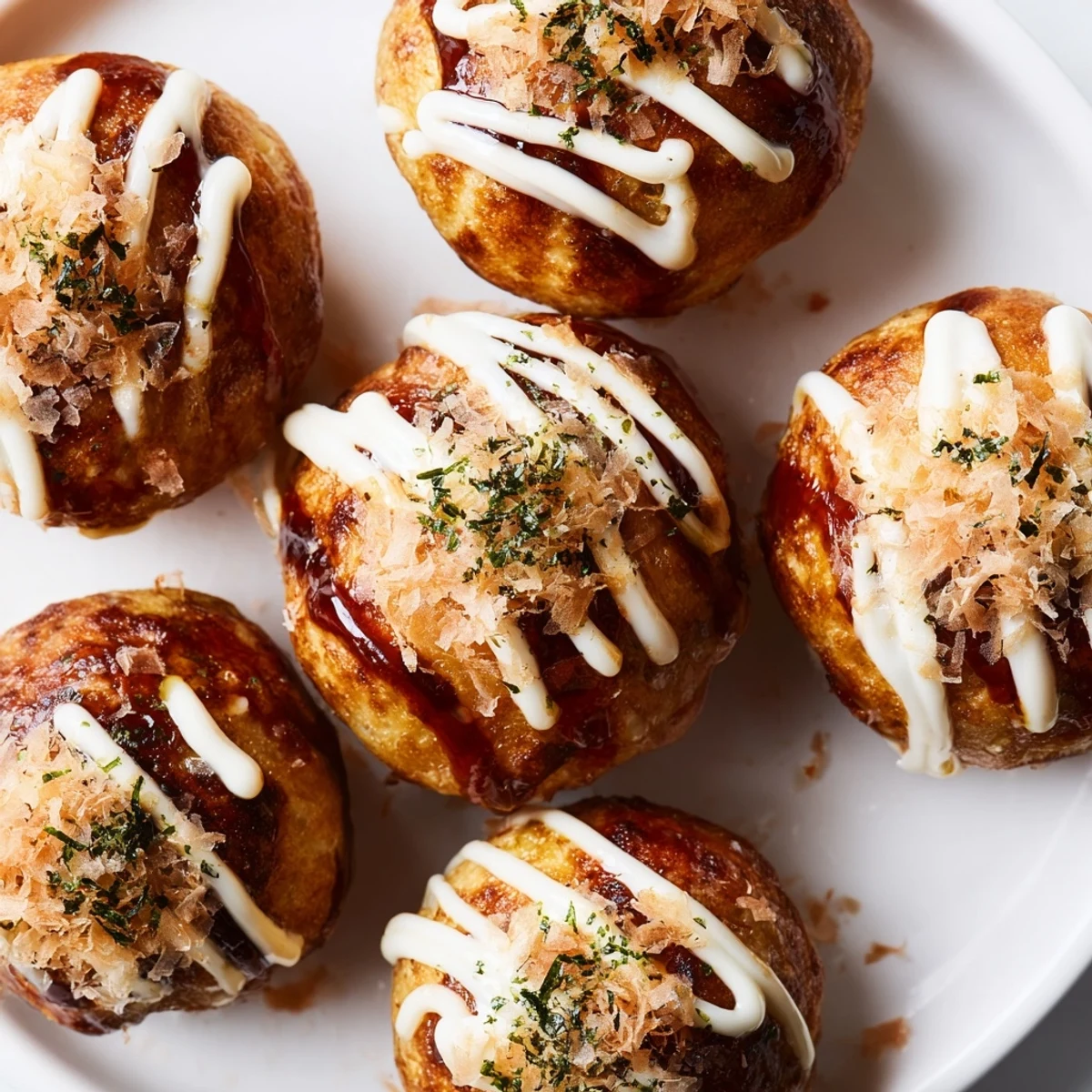 Crispy exterior takoyaki filled with tender octopus pieces served hot on a plate with savory toppings