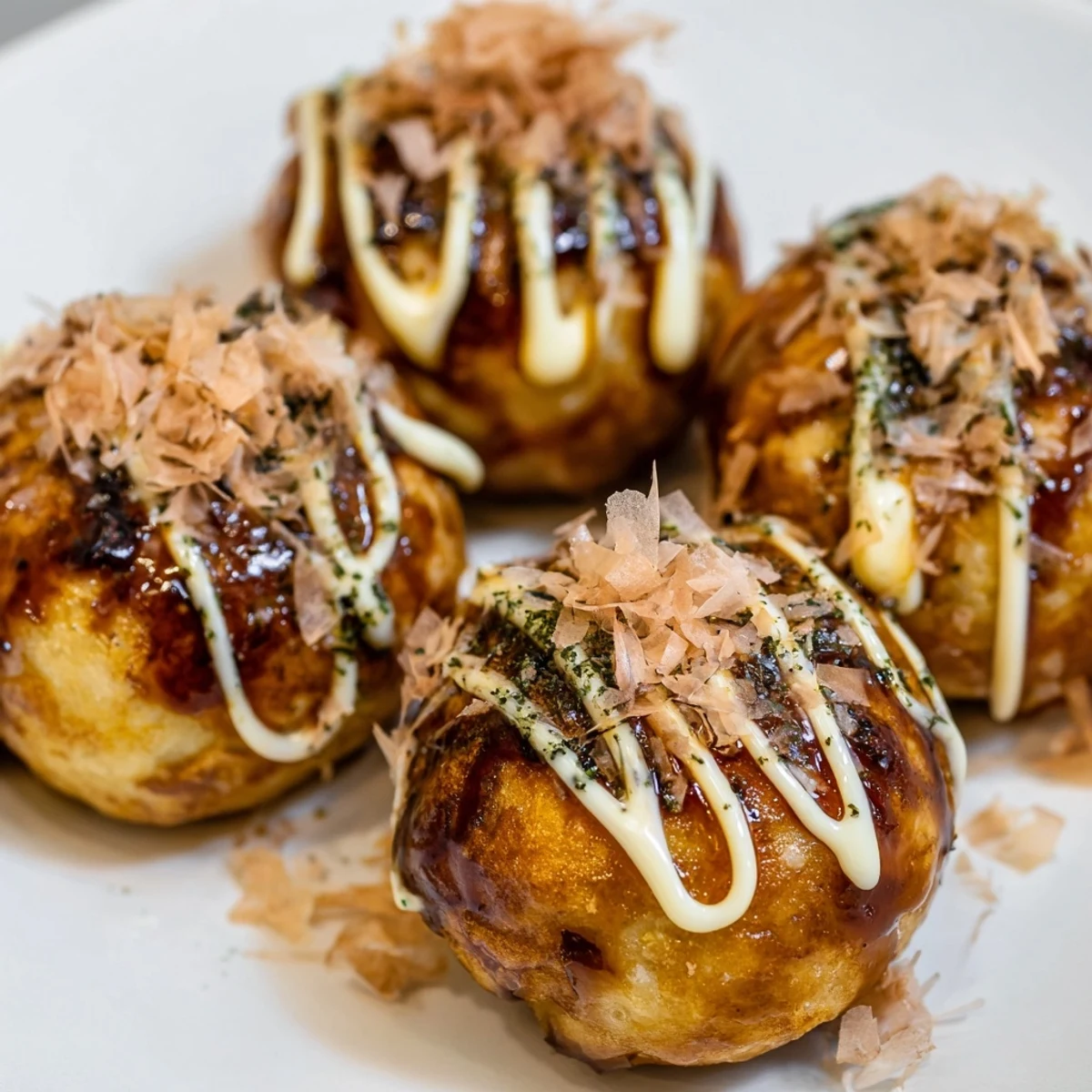Golden brown Japanese takoyaki balls drizzled with tangy sauce and mayonnaise topped with dancing bonito flakes