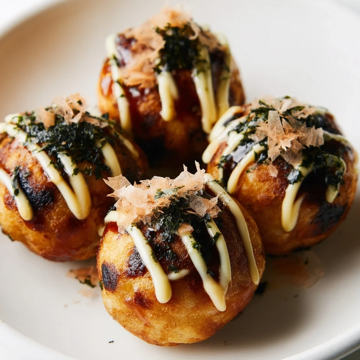 Round Japanese octopus balls sprinkled with green seaweed flakes and brushed with sweet takoyaki sauce and mayonnaise