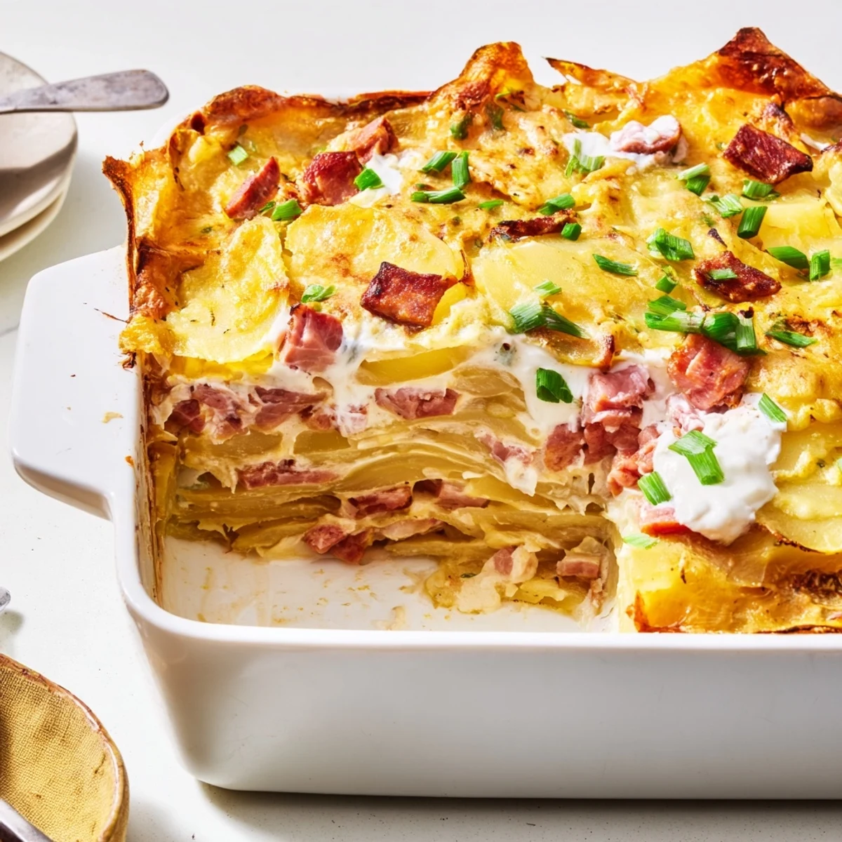 Golden baked Hungarian potato casserole layered with smoked sausage and creamy sour cream topping