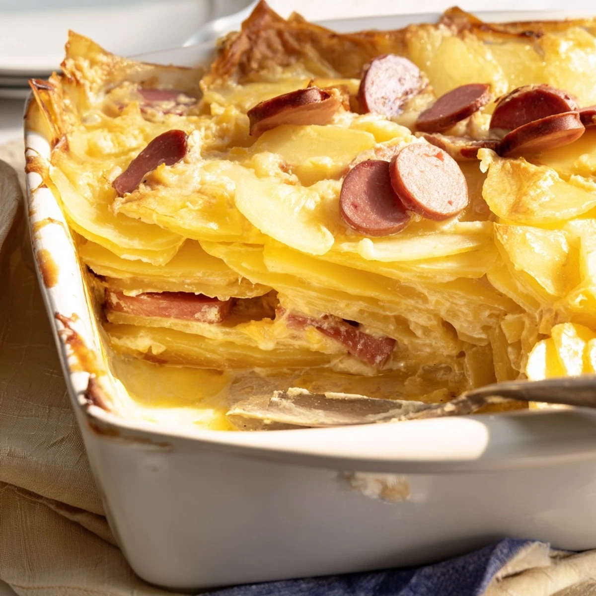 Rakott Krumpli comfort food with sliced eggs, tender potatoes, and golden bubbly cheese layer