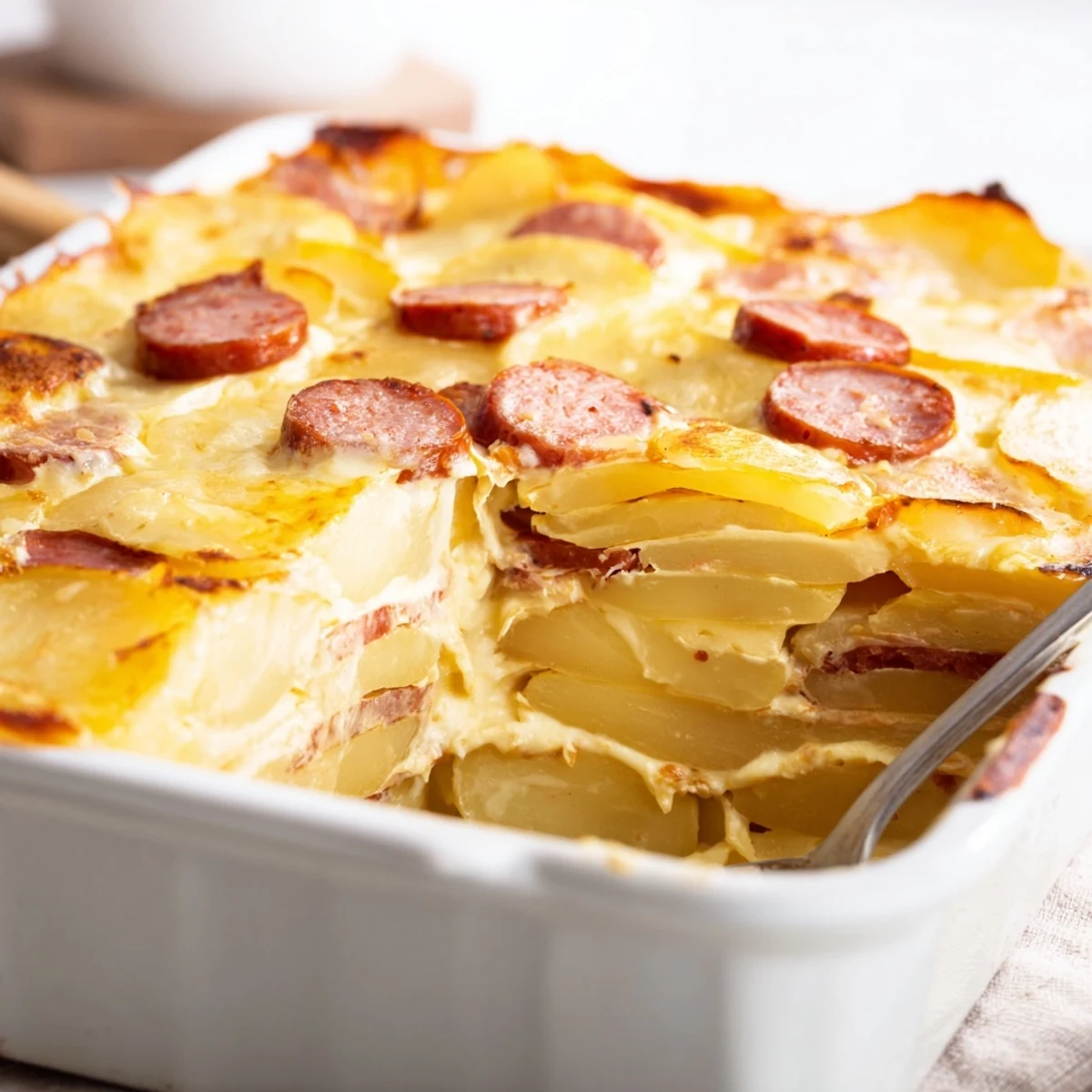 Savory Hungarian layered potato dish featuring smoky kolbász sausage and hard-boiled egg slices