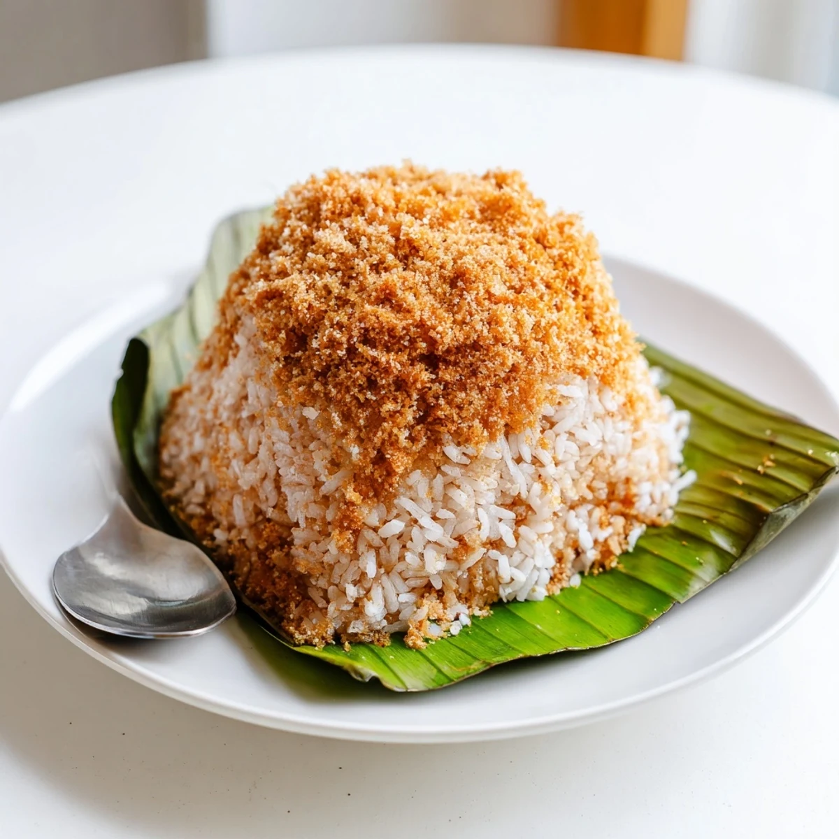 Malaysian Pulut Inti featuring steamed glutinous rice topped with sweet caramelized coconut
