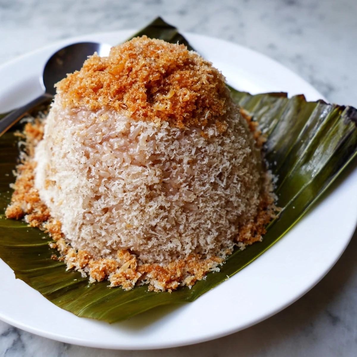 Golden Malaysian Pulut Inti dessert with sticky rice and sweet palm sugar coconut