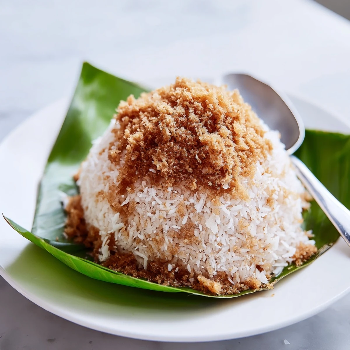 Traditional Malaysian Pulut Inti wrapped in banana leaves with fragrant coconut topping