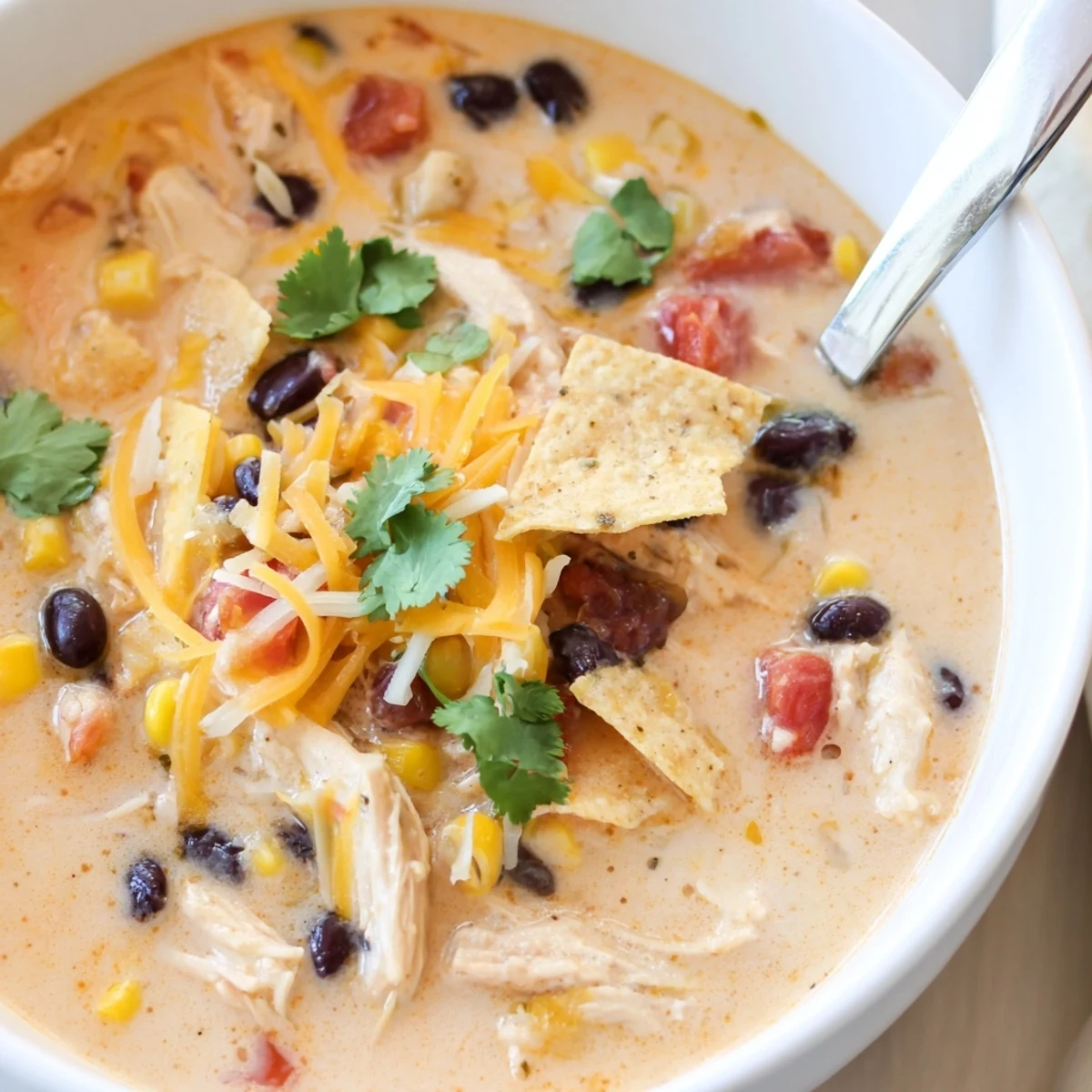 Creamy chicken taco soup topped with crushed tortilla chips, shredded cheddar, and fresh cilantro