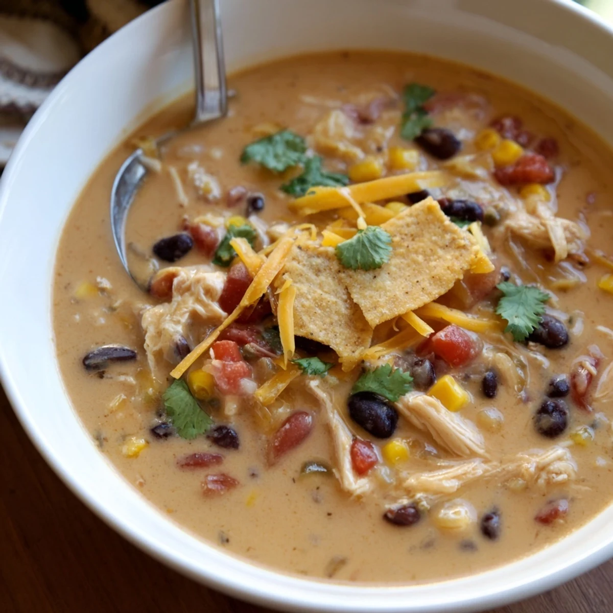 Steaming bowl of easy chicken taco soup with black beans, corn, and rich creamy broth