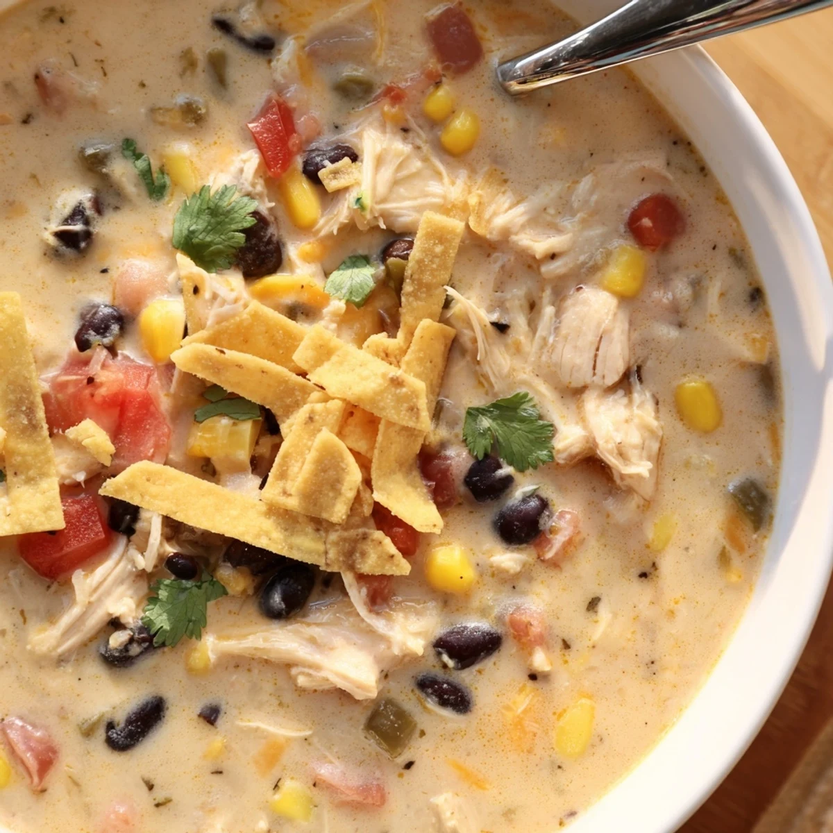 Comforting chicken taco soup garnished with cilantro, lime wedges, and melty cheddar cheese