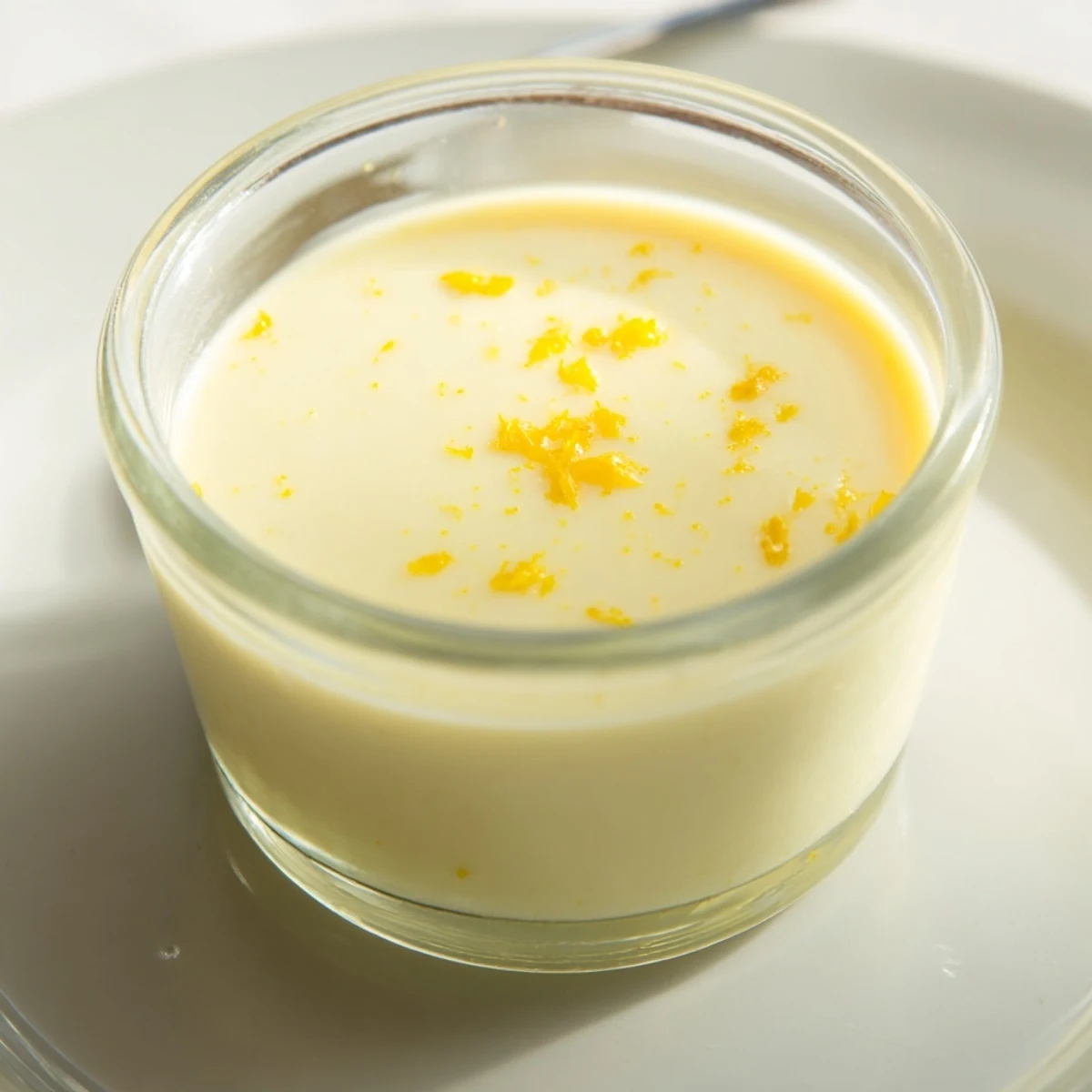 Silky lemon posset recipe set in clear glasses with fresh berry garnish and lemon zest