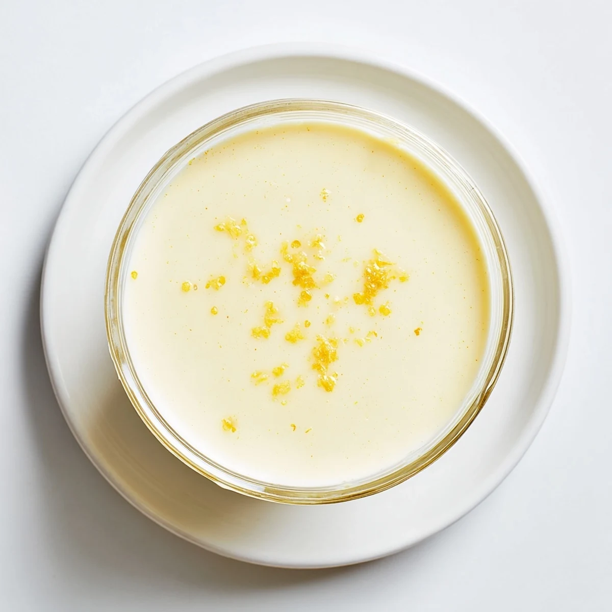 Creamy lemon posset dessert chilling in white ramekins with golden shortbread cookie on side