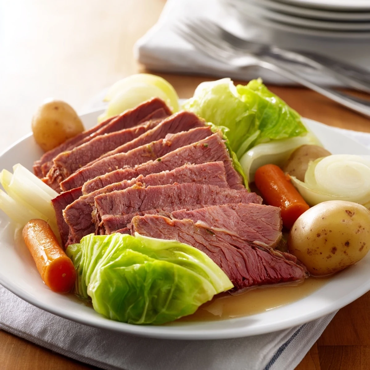 Tender slow cooker corned beef with cabbage, carrots, and potatoes on a rustic serving platter