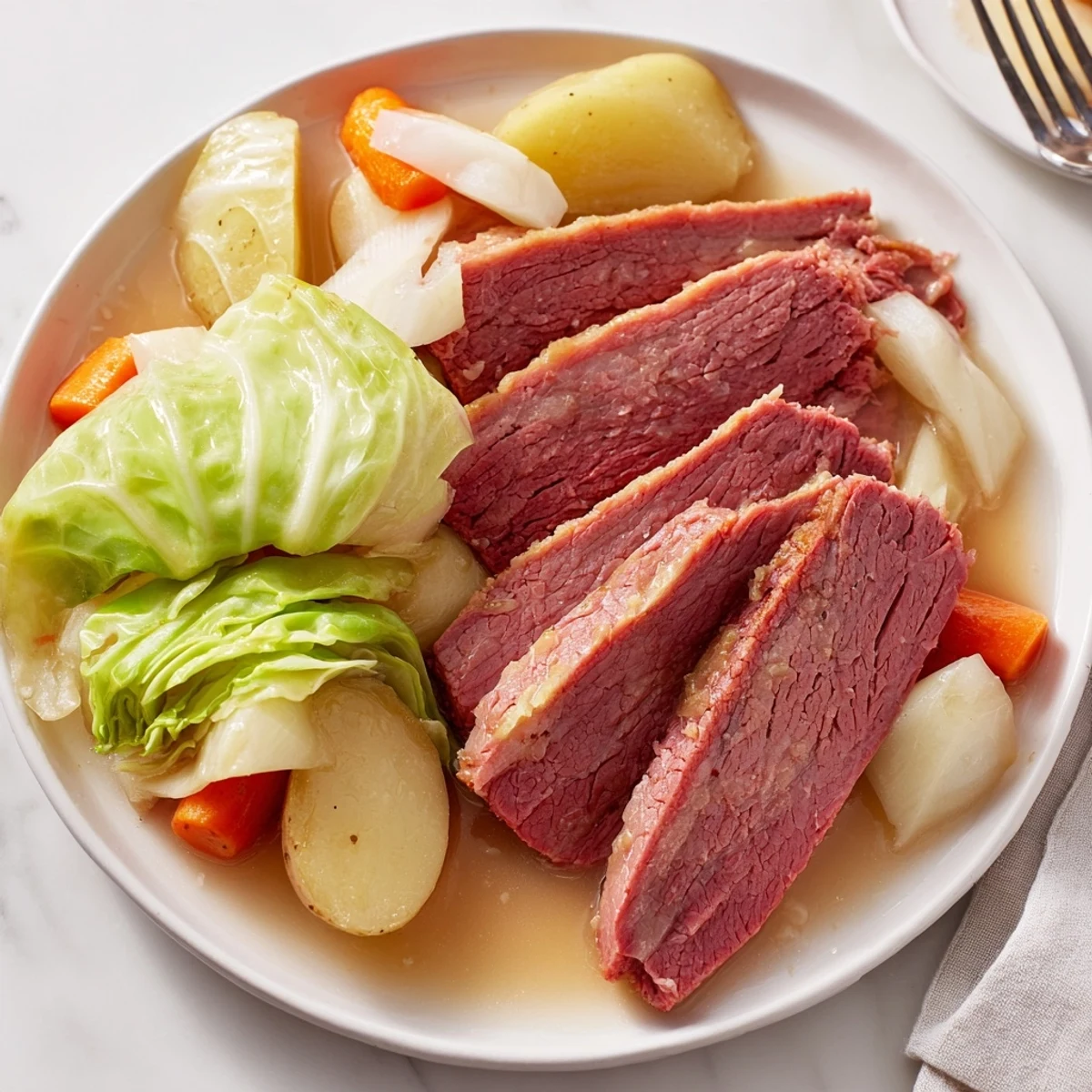Sliced corned beef brisket alongside buttery cabbage wedges and root vegetables in a hearty bowl
