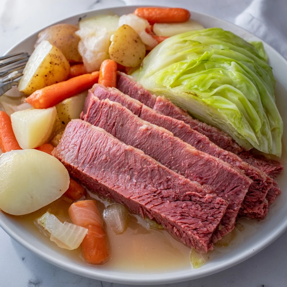 Golden corned beef resting with colorful slow-cooked vegetables, garnished with fresh parsley for St. Patrick's Day