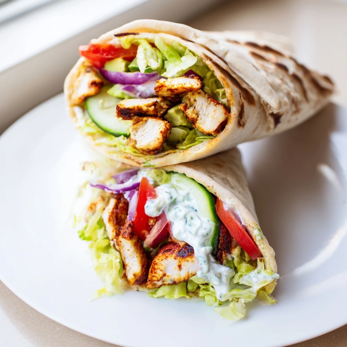 Golden crispy cottage cheese flatbread wraps filled with juicy spiced chicken and fresh vegetables