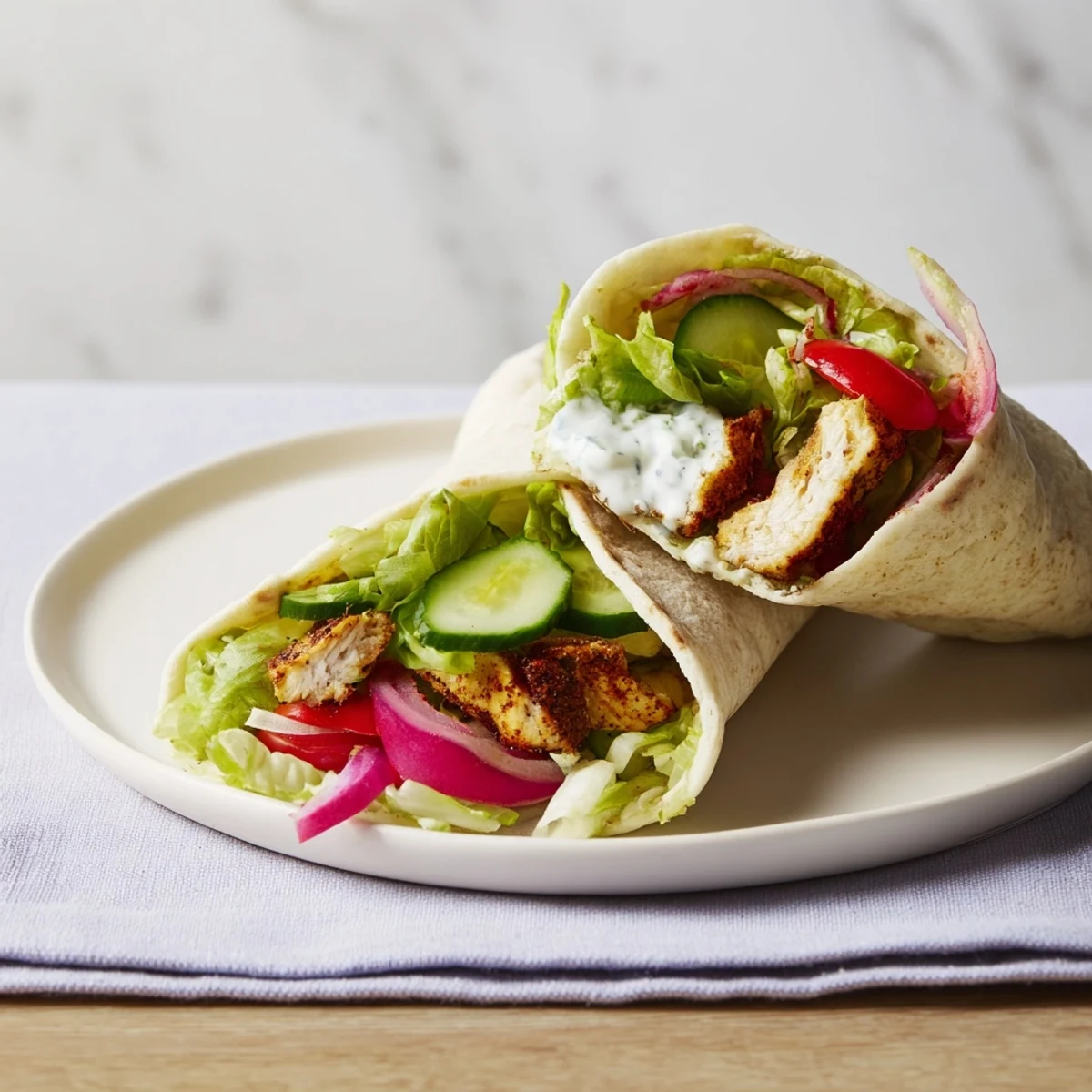 High protein cottage cheese flatbread chicken wraps with grilled meat and crisp garden vegetables