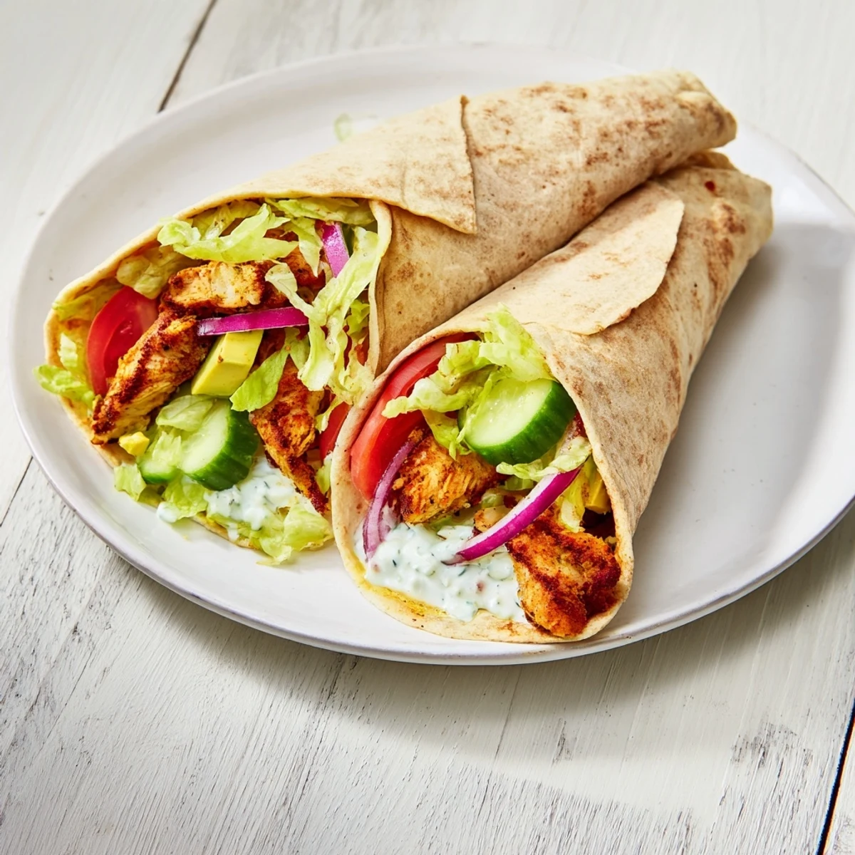 Protein-packed crispy cottage cheese flatbread wrap featuring spiced chicken and colorful veggie toppings