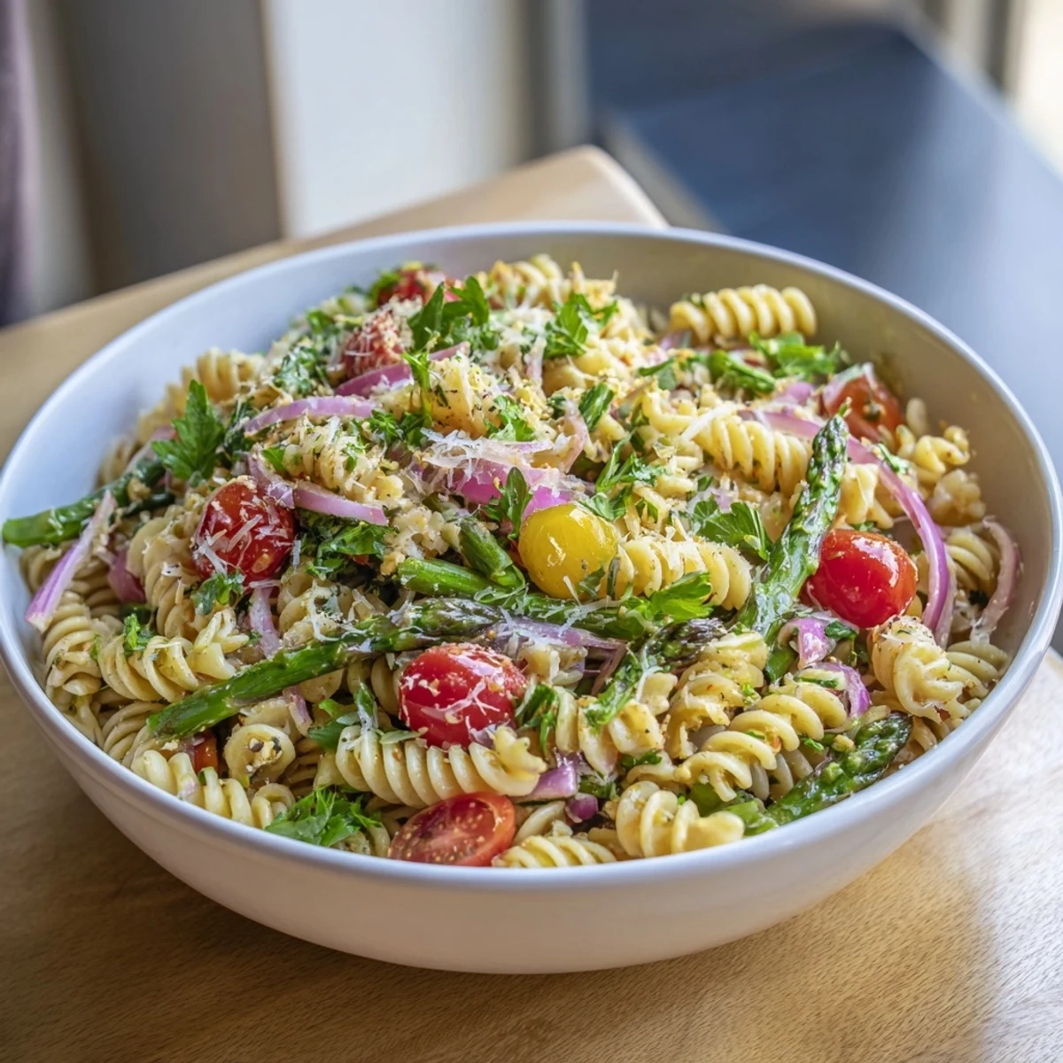 Colorful lemon asparagus pasta salad with cherry tomatoes and fresh parsley in a white bowl