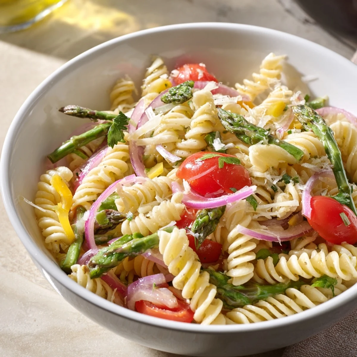 Fresh lemon asparagus pasta salad tossed with zesty dressing and red onion on a rustic wooden board