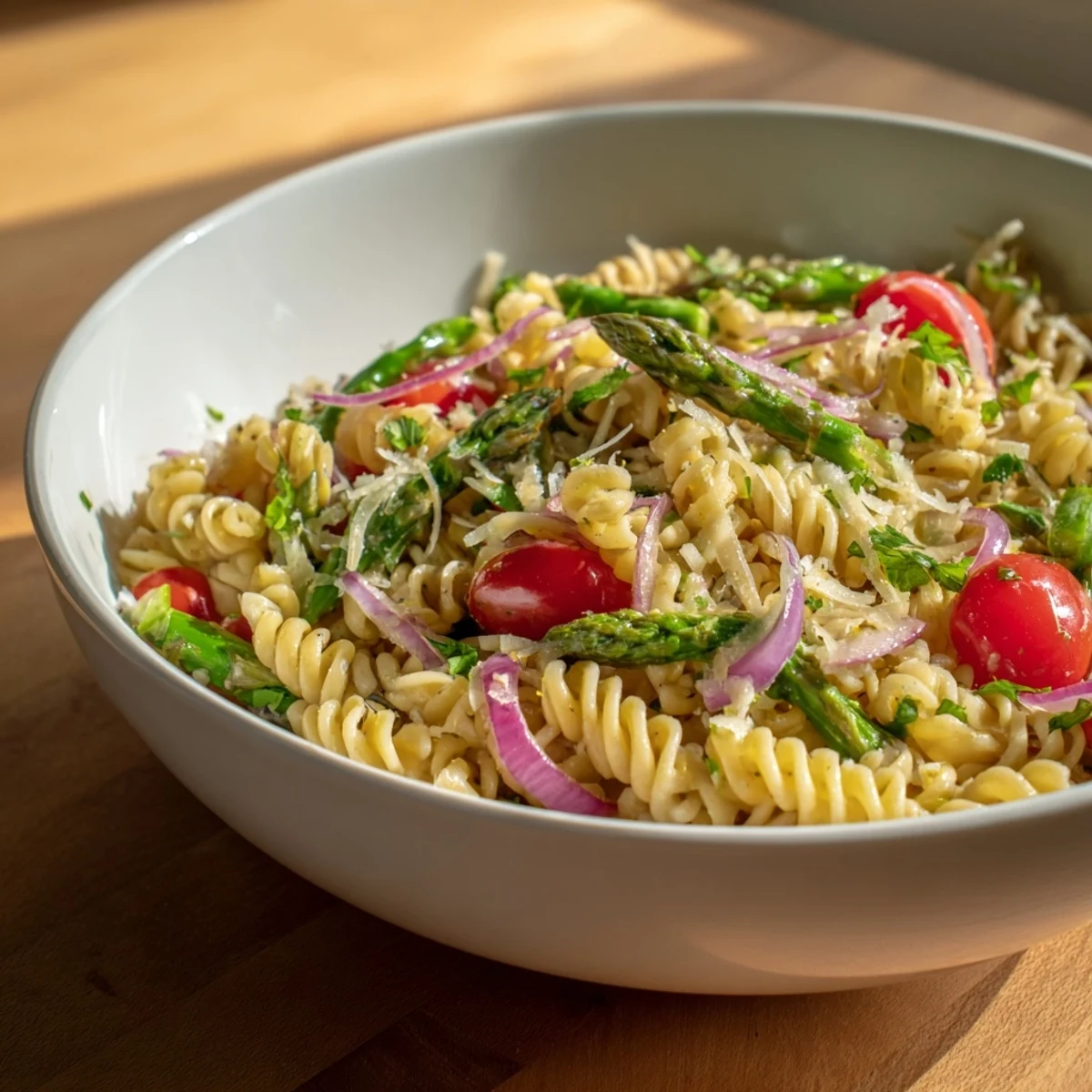 Bright spring lemon asparagus pasta salad garnished with parmesan and fresh herbs for outdoor gatherings