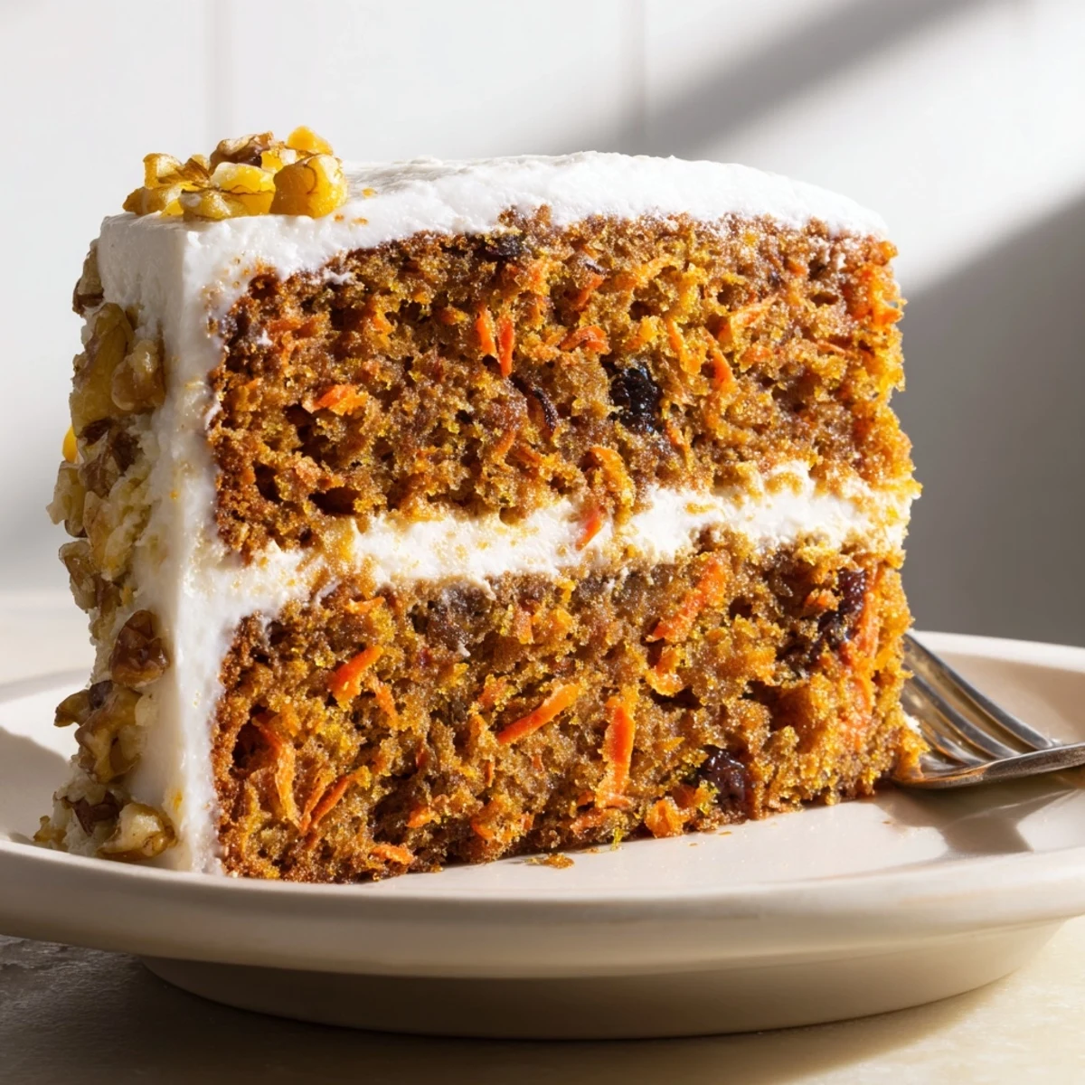 Slice of healthy Greek yogurt carrot cake topped with powdered sugar on a white serving plate