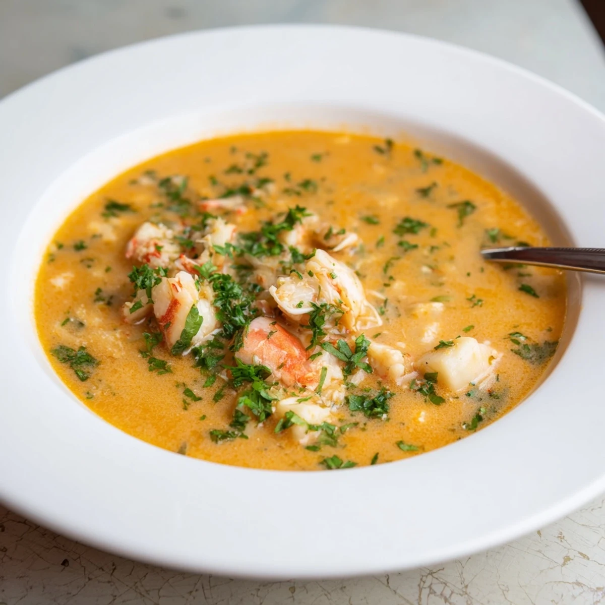 Creamy seafood bisque with tender shrimp, scallops and crab meat served in white bowls