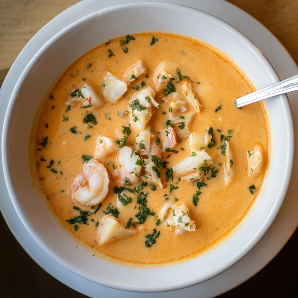 Rich French seafood bisque garnished with fresh chives alongside crusty bread for dipping
