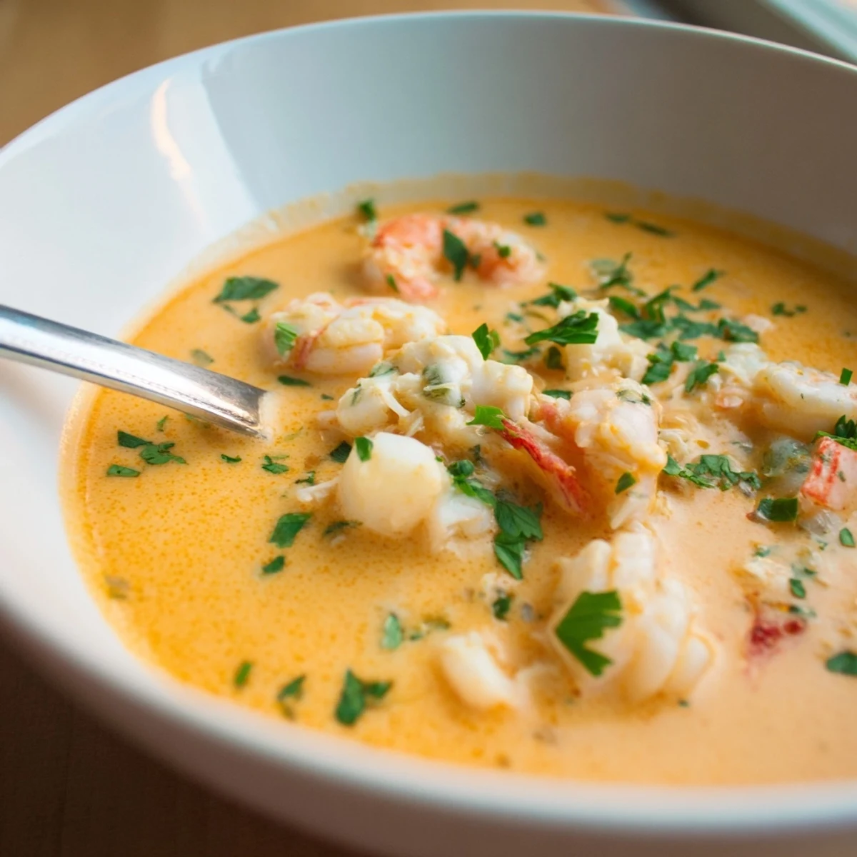Velvety smooth seafood bisque featuring lump crab, shrimp and scallops in elegant dinner setting