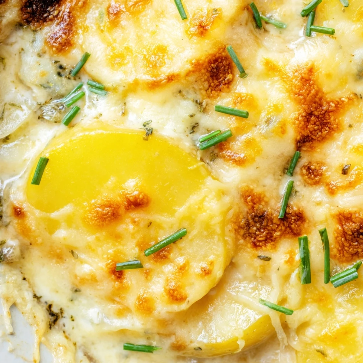 Golden bubbling potatoes au gratin Gruyere with tender sliced layers in creamy sauce
