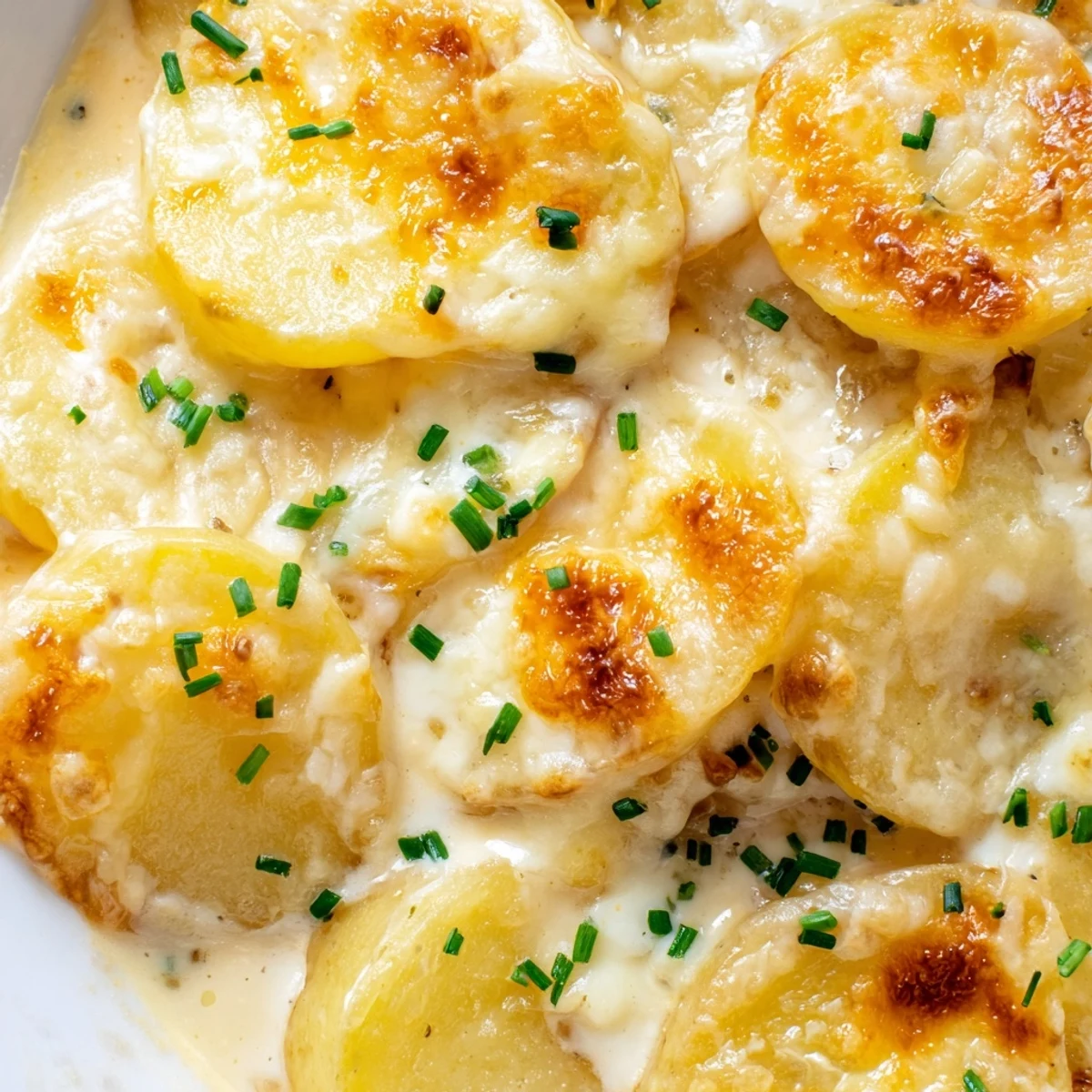 Rich cheesy potatoes au gratin Gruyere baked until golden with melted cheese topping