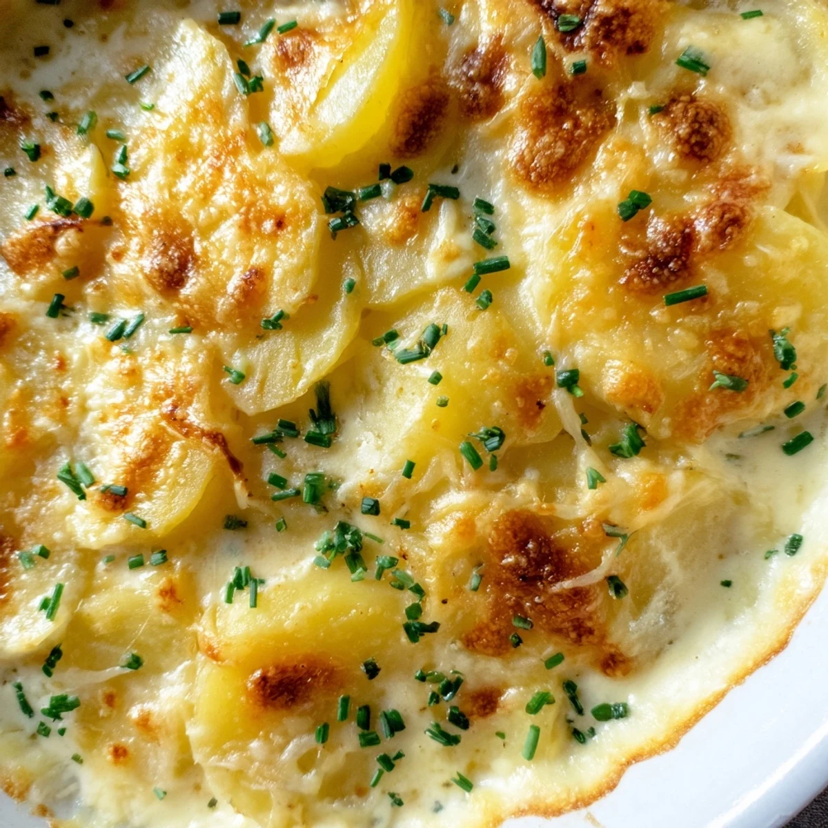 Creamy potatoes au gratin Gruyere arranged in overlapping layers with caramelized edges