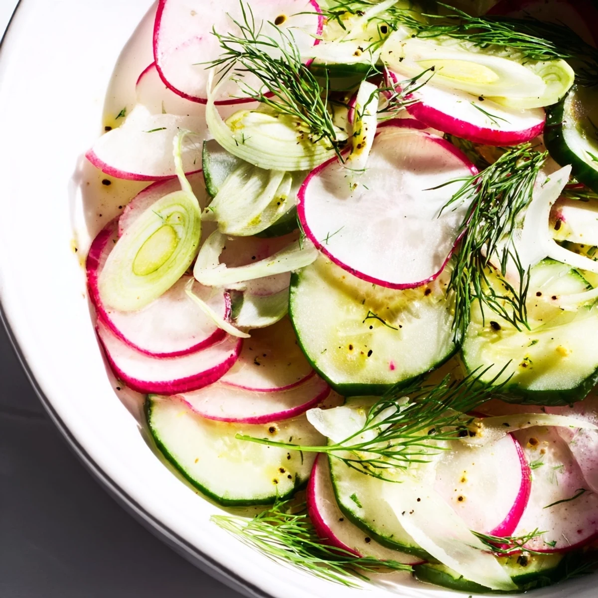 Fresh radish and cucumber salad tossed in light lemon dressing with chopped dill and green onions