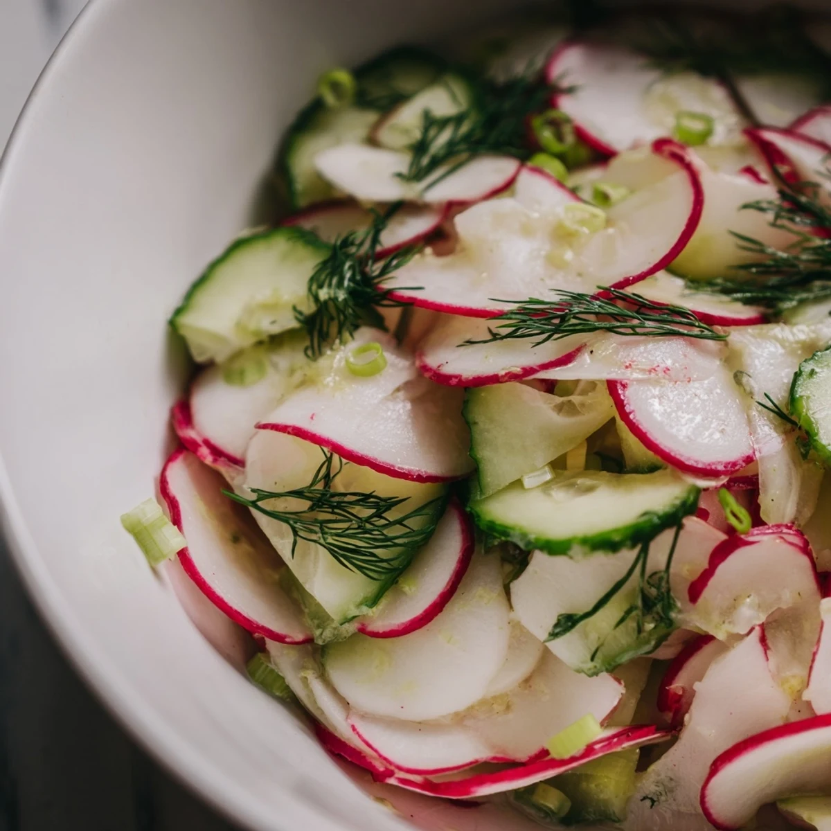 Colorful bowl of radish and cucumber salad arranged with fresh herbs and served chilled as a light side dish