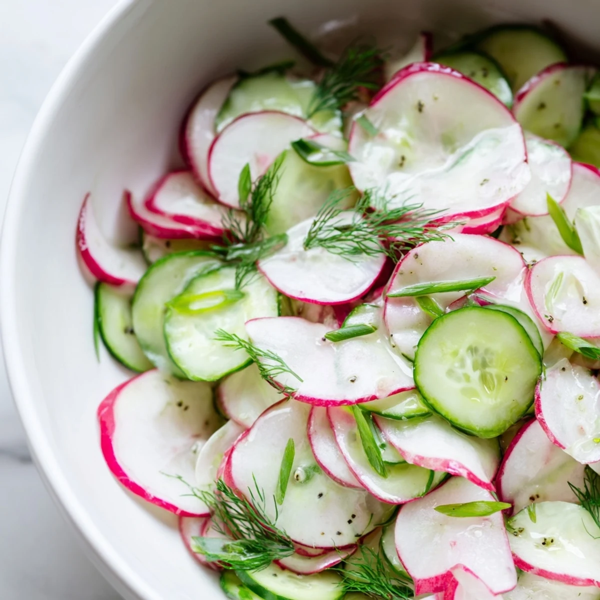 Crisp radish and cucumber salad featuring peppery slices coated in tangy olive oil and Dijon mustard dressing
