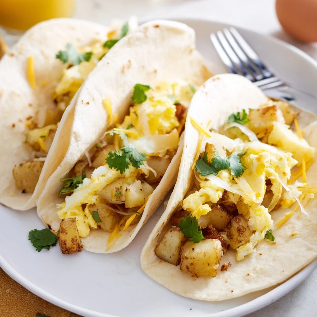 Golden potato egg cheese breakfast tacos loaded with fluffy scrambled eggs and melted cheddar in warm tortillas