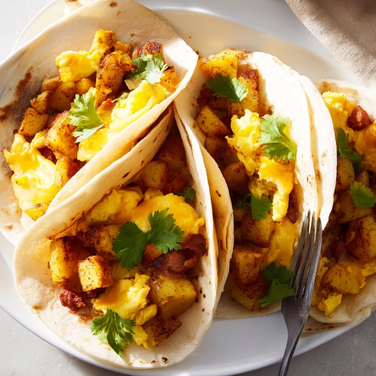 Crispy diced potatoes and scrambled eggs nestled inside soft flour tortillas with sprinkled fresh cilantro topping