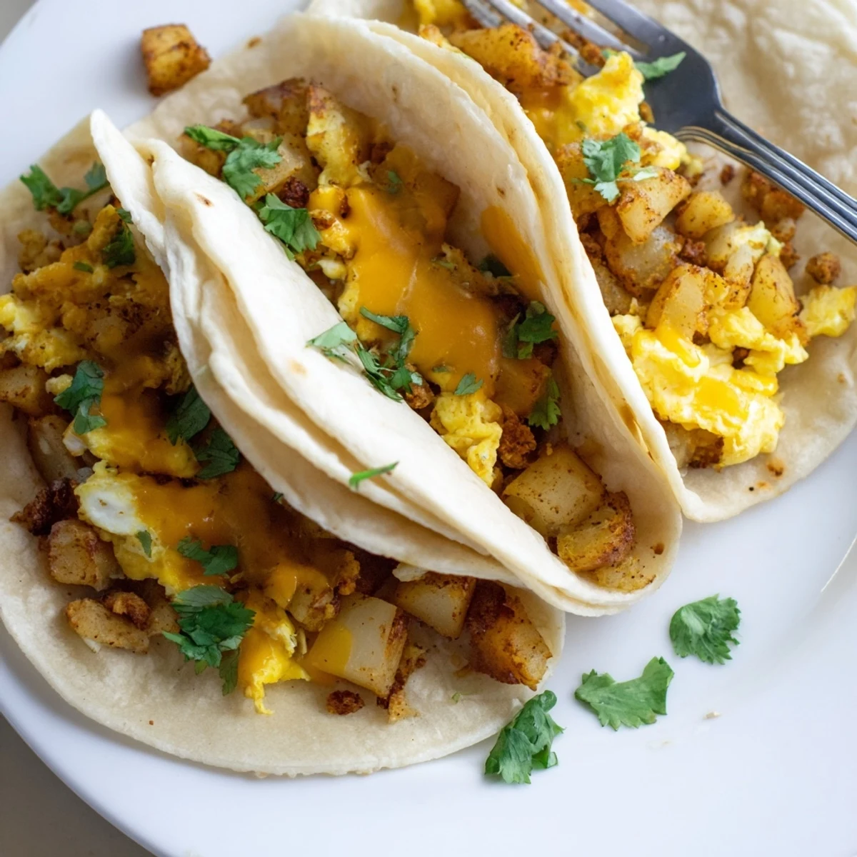 Hearty breakfast taco filled with golden potato chunks, cheesy eggs, and fresh cilantro in a folded tortilla