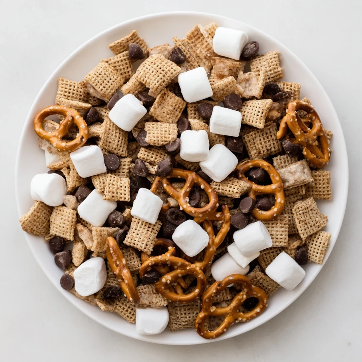 Golden bowl filled with crunchy S'mores Snack Mix featuring cereal, marshmallows, pretzels, and chocolate chips