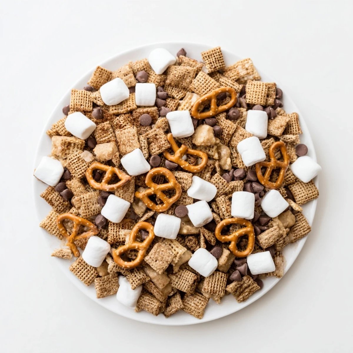 Colorful S'mores Snack Mix recipe displayed in glass bowl with graham cereal, marshmallows, and melted chocolate