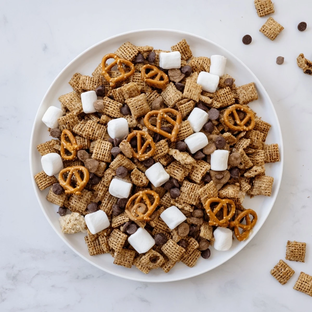 Homemade S'mores Snack Mix with mini marshmallows, chocolate chips, and salty pretzels ready for party serving