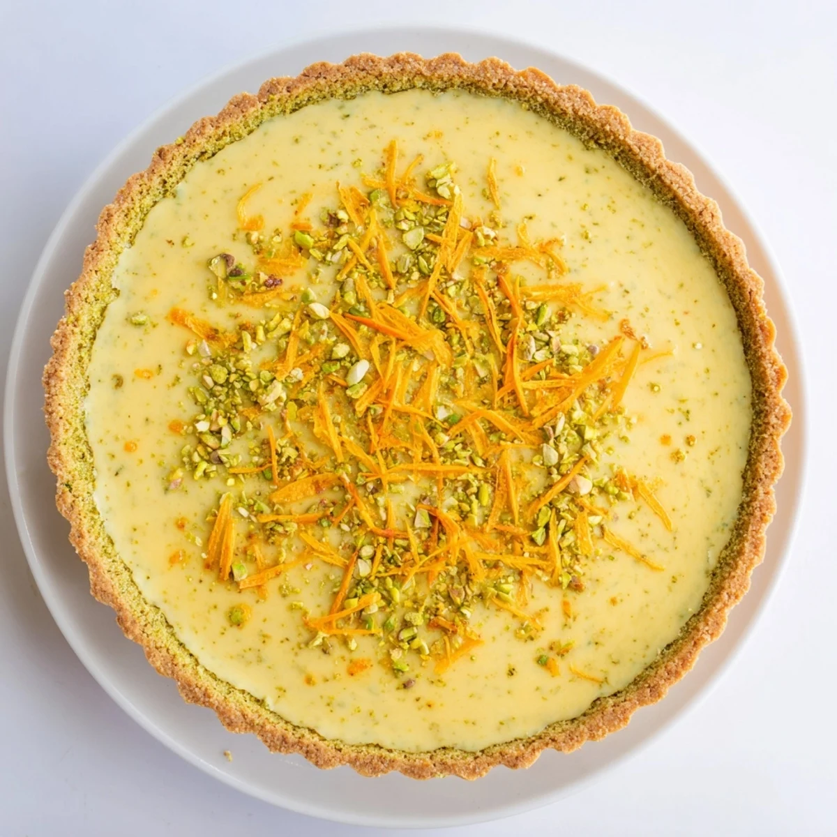 Golden orange cardamom tart with pistachio crust garnished with chopped nuts and fresh orange zest