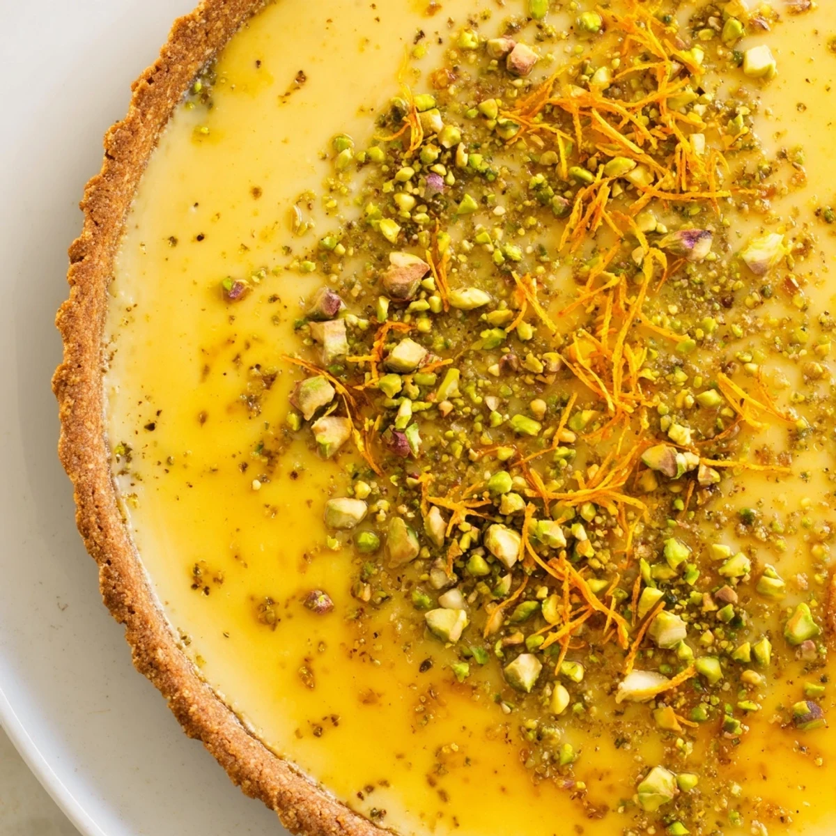 Creamy orange cardamom tart filling baked in a crisp green pistachio crust with citrus garnish