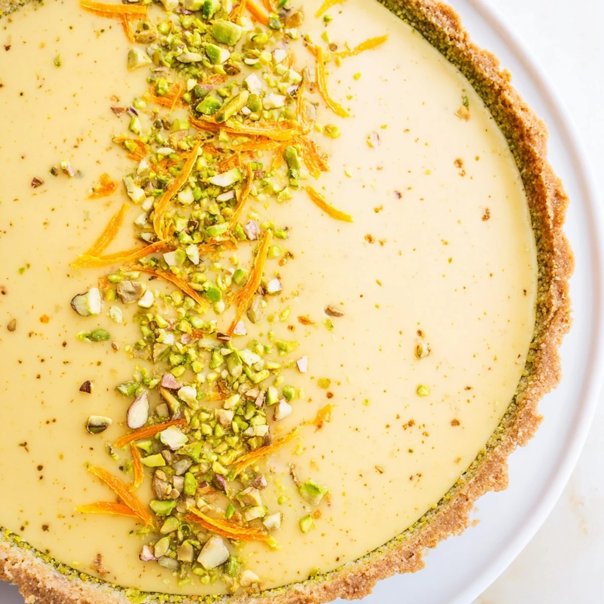Elegant dessert tart featuring smooth orange cardamom custard in a nutty pistachio crust topped with zest