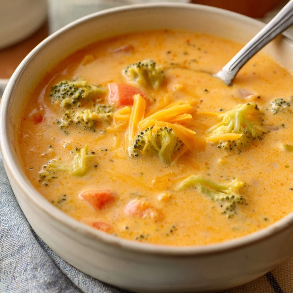 Rich broccoli cheddar soup slow cooker recipe garnished with fresh chives and crusty bread slices