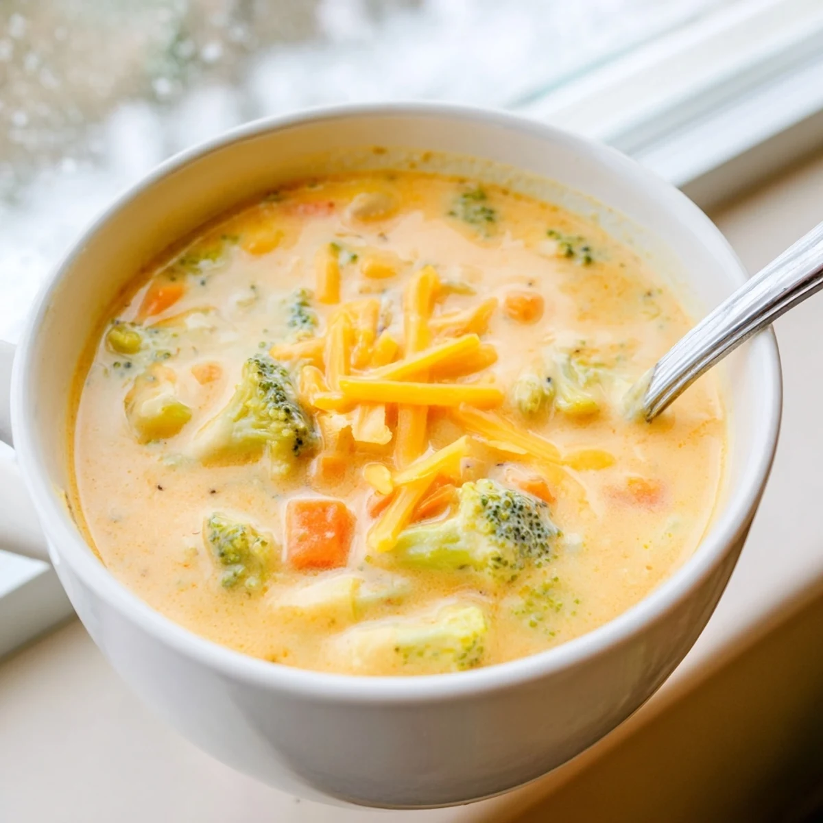 Creamy slow cooker broccoli cheddar soup ladled into white bowl with melting cheese on top