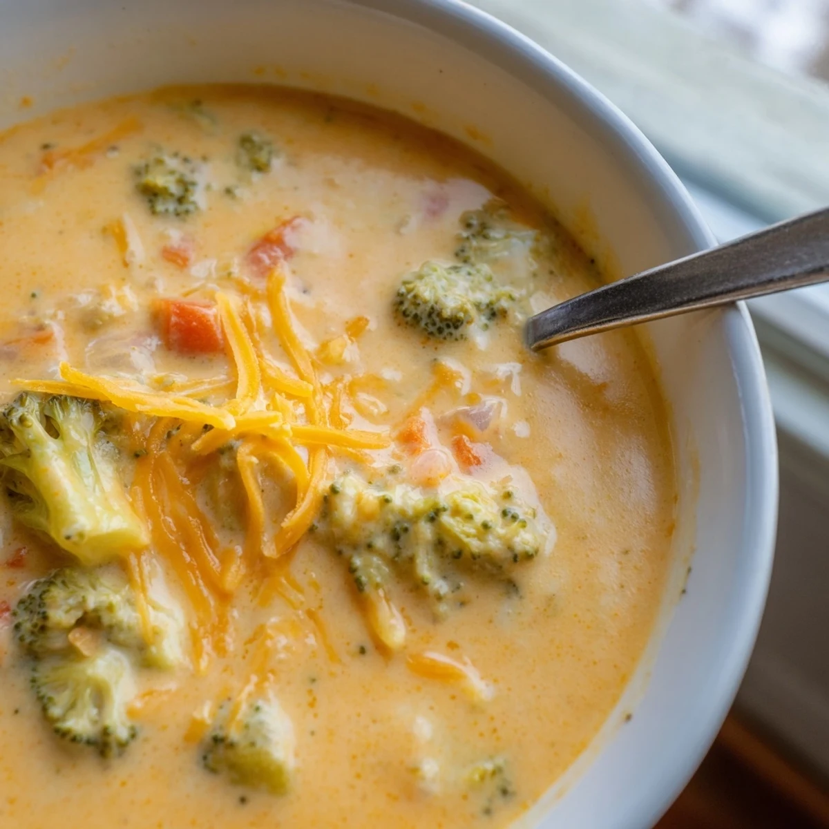 Velvety broccoli cheddar soup slow cooker meal served in rustic bowl with shredded cheddar topping