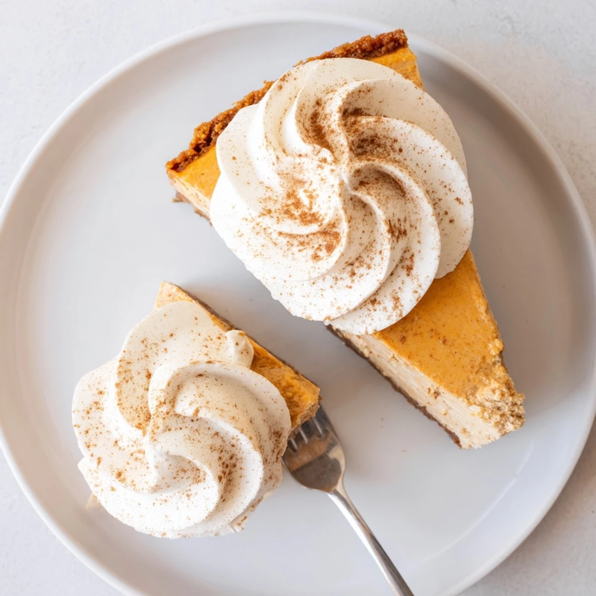 Festive holiday pumpkin cheesecake garnished with cinnamon dusted whipped cream and spiced cookie base