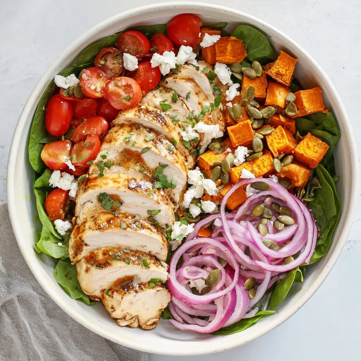 Golden glazed chicken nestled beside roasted sweet potatoes and fresh vegetables in a wholesome bowl