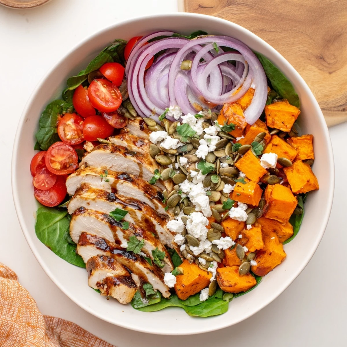 Hearty chicken and sweet potato bowl drizzled with tangy maple Dijon dressing and fresh toppings